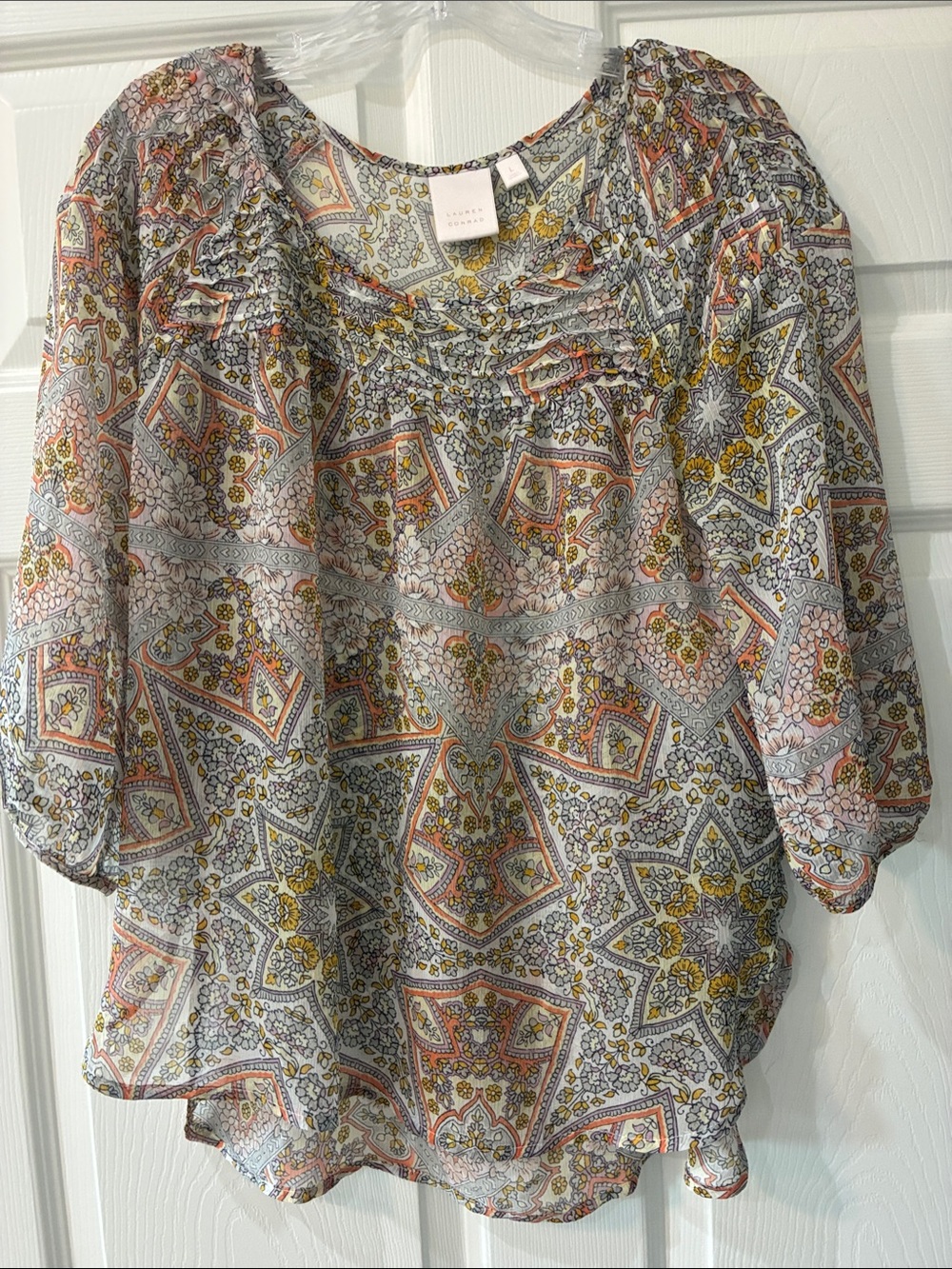 LC Lauren Conrad Sheer Paisley Peasant Blouse in White, Pink & Yellow